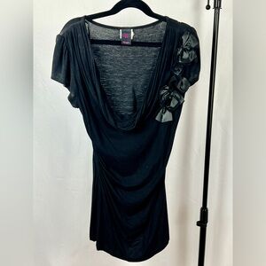 Wrapper Black Short Sleeve Draped Neck Top with Shoulder Rosettes